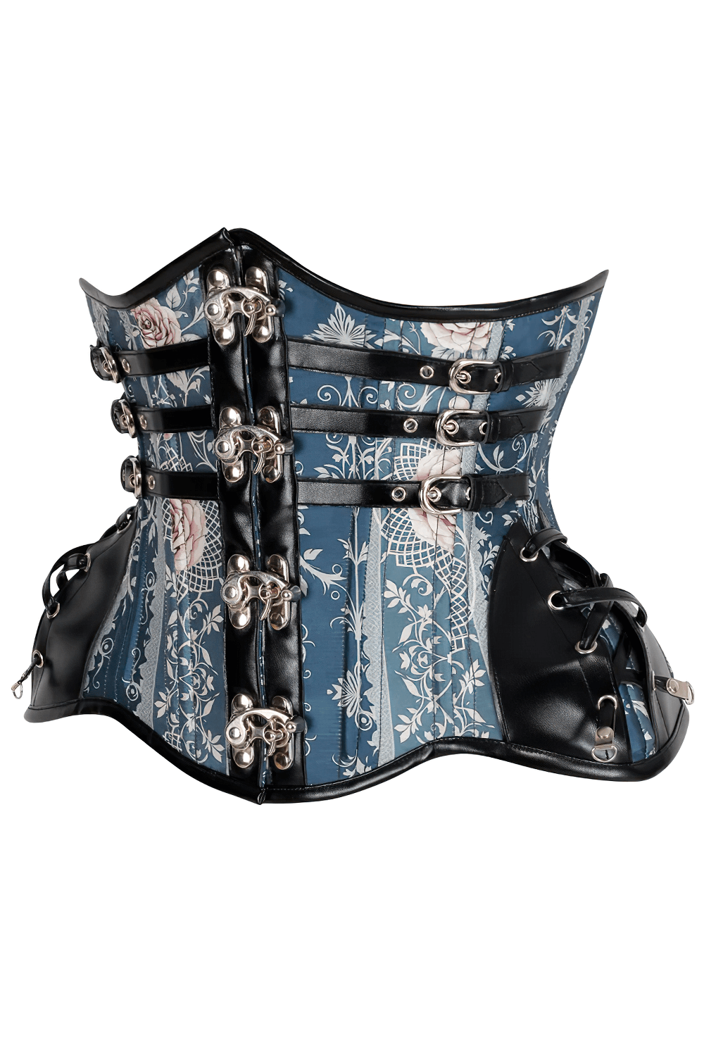 Rose Obscura Waist Trainer Corset with faux leather trims and floral design for stylish waist shaping.