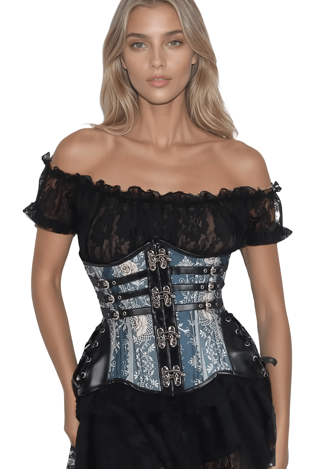Rose Obscura Waist Trainer Corset with faux leather trims, featuring intricate design and flattering fit.