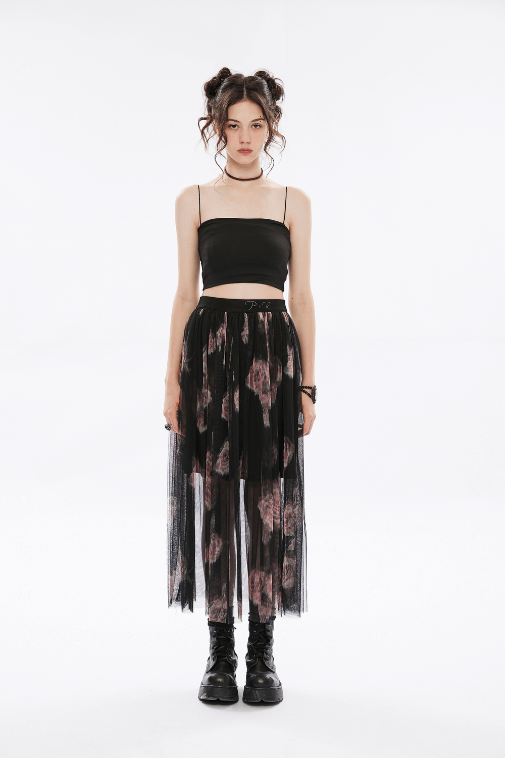 Rose-Print Layered Gauze Midi Skirt with Logo Waistband