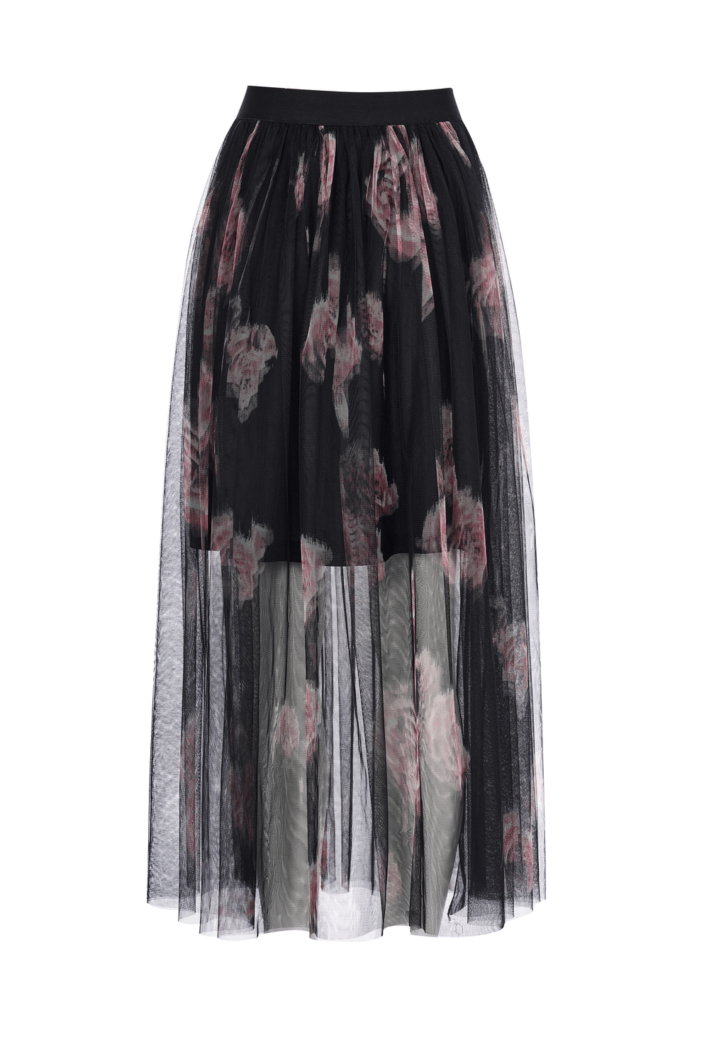 Rose-Print Layered Gauze Midi Skirt with Logo Waistband