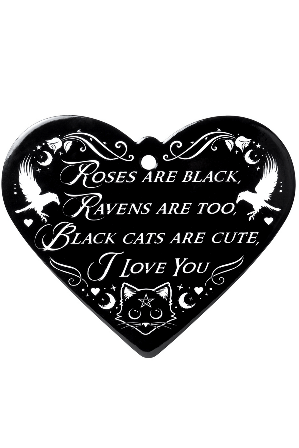 Heart-shaped black coaster with poetic text about black roses and cats, saying 'I love you!'