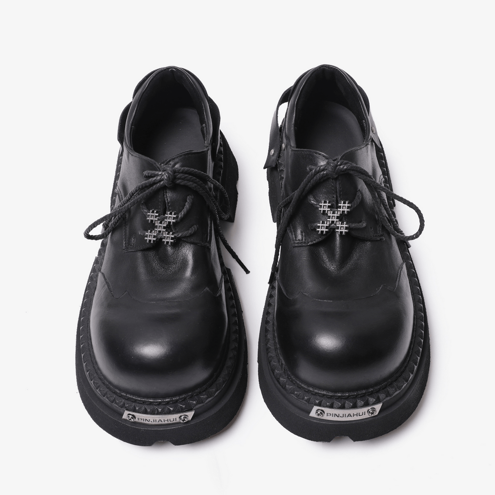 Round Toe Derby Shoes with Thick Lug Soles and Rope Laces, black chunky platform lace-up shoes with metal toe cap details