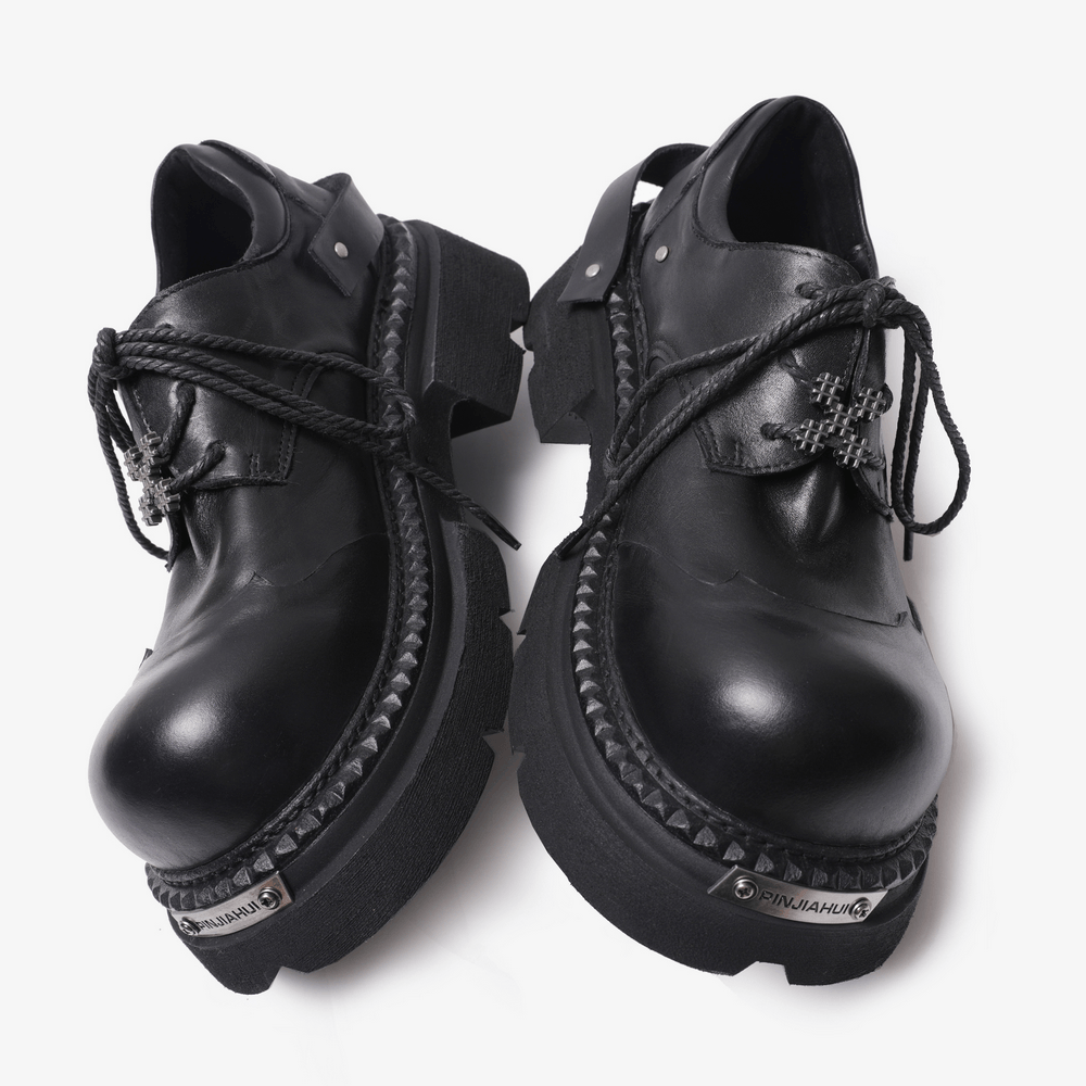 Round Toe Derby Shoes with Thick Lug Soles and Rope Laces black chunky platform lace-up shoes with metal toe cap details