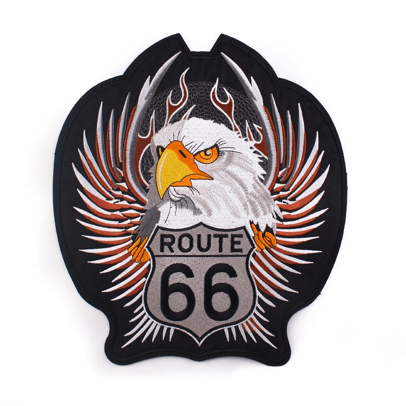 Large embroidered Route 66 eagle patch with wings for jackets and bags, perfect for alternative style clothing.