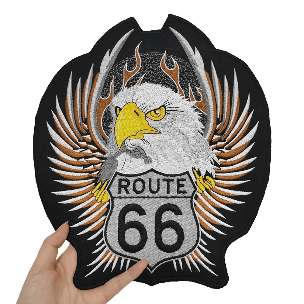 Large embroidered Route 66 eagle iron-on patch with wing design, perfect for jackets and bags.