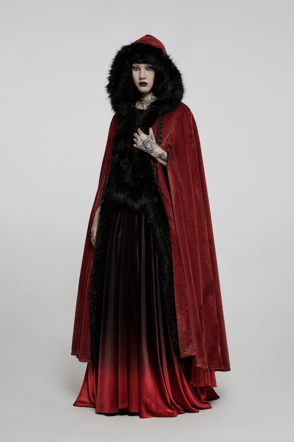 Royal Red Velvet Gothic Faux Fur Long Cloak for Women, featuring luxurious faux rabbit fur and dramatic draping.
