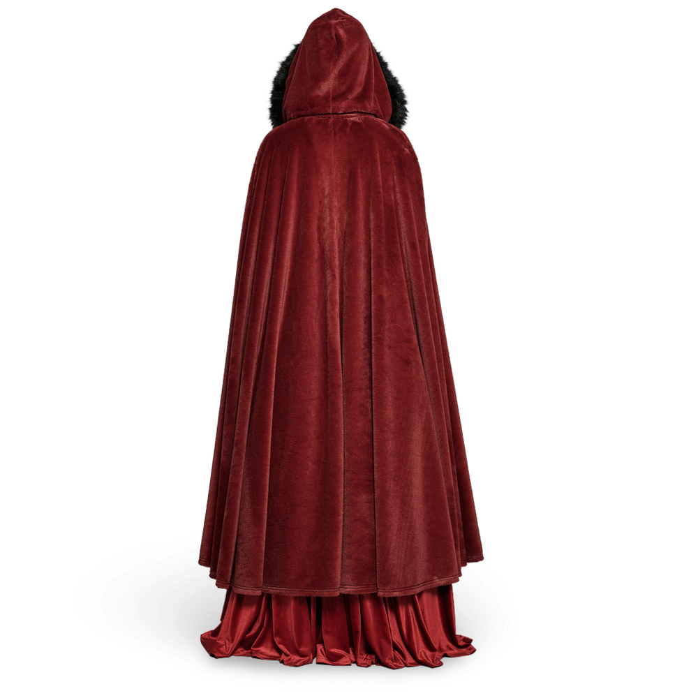 Back view of royal red velvet gothic cloak with faux fur hood, perfect for adding elegance to any outfit.
