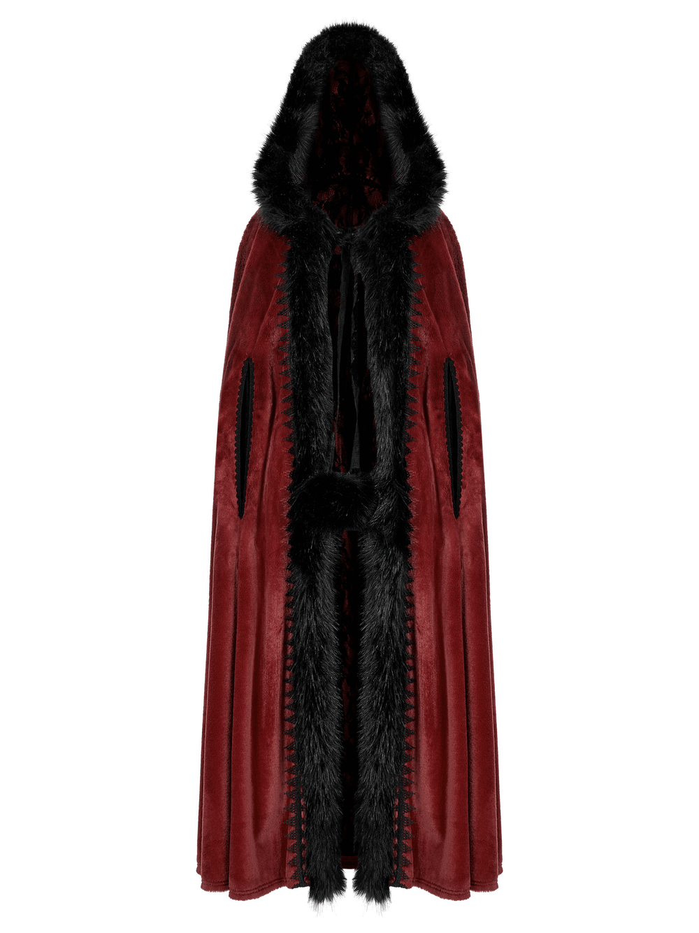 Royal red velvet Gothic cloak with faux fur trim and hood, perfect for a regal and warm look.