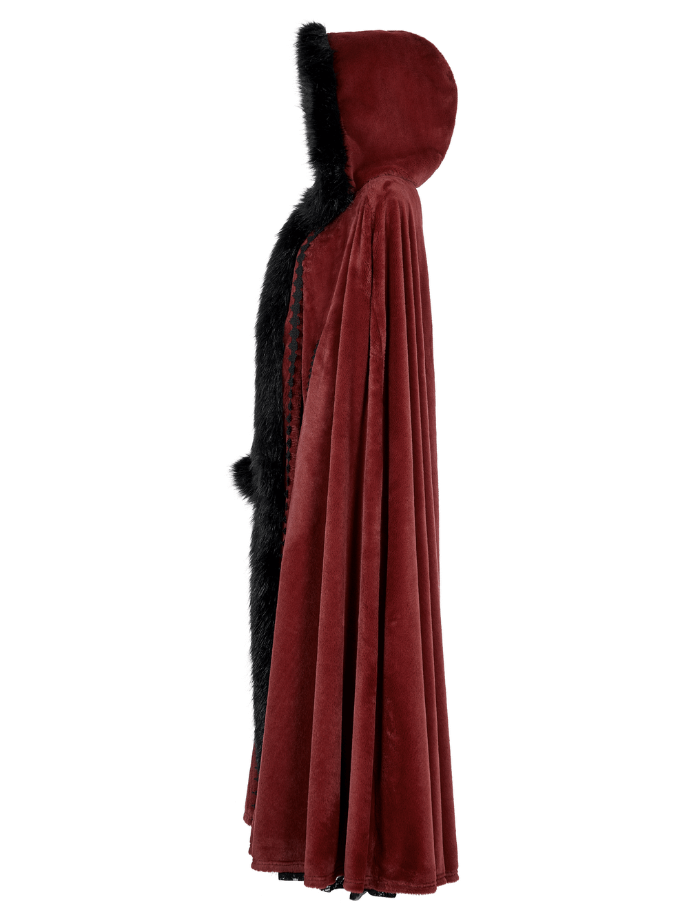 Royal Red Velvet Gothic Cloak with faux rabbit fur, features a hood and flowing design for elegant warmth.