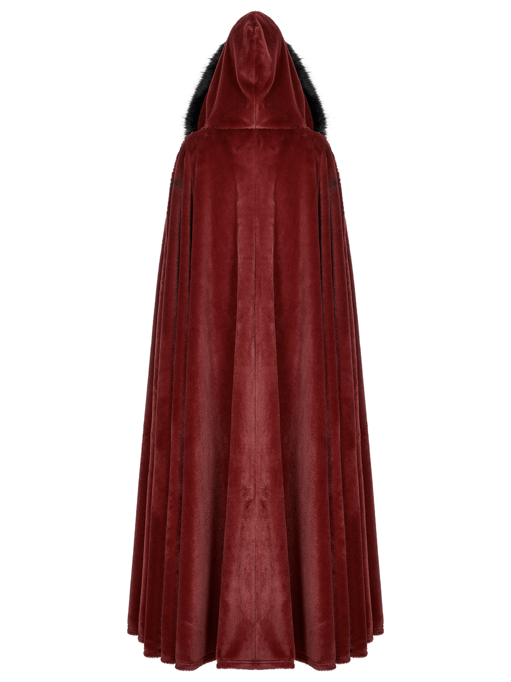 Opulent red velvet Gothic cloak with faux fur hood, designed for women, showcasing an elegant long drape.