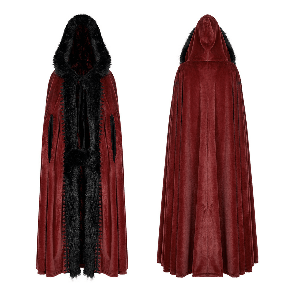Royal red Gothic cloak with faux rabbit fur, featuring a hood and playful hairball straps for stylish warmth.