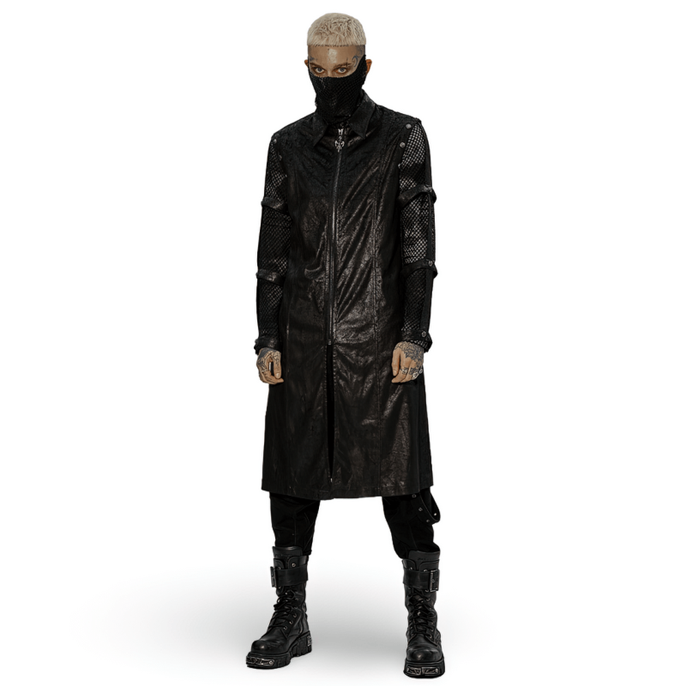 Model showcasing a Rubberized Punk Longline Hollow-Out Armored Coat, featuring removable hollow-out cuffs and edgy style.