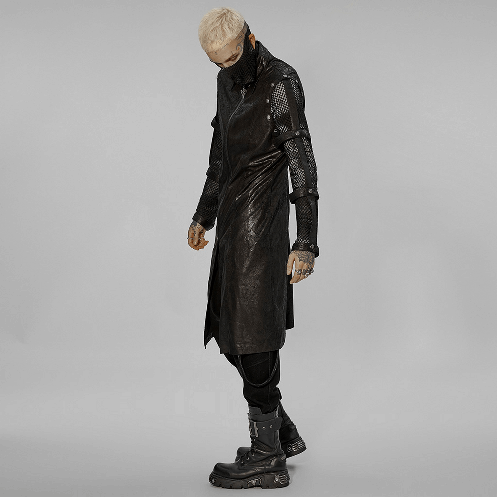 Punk longline hollow-out armored coat featuring unique rubberized fabric and removable cuffs for customizable style.