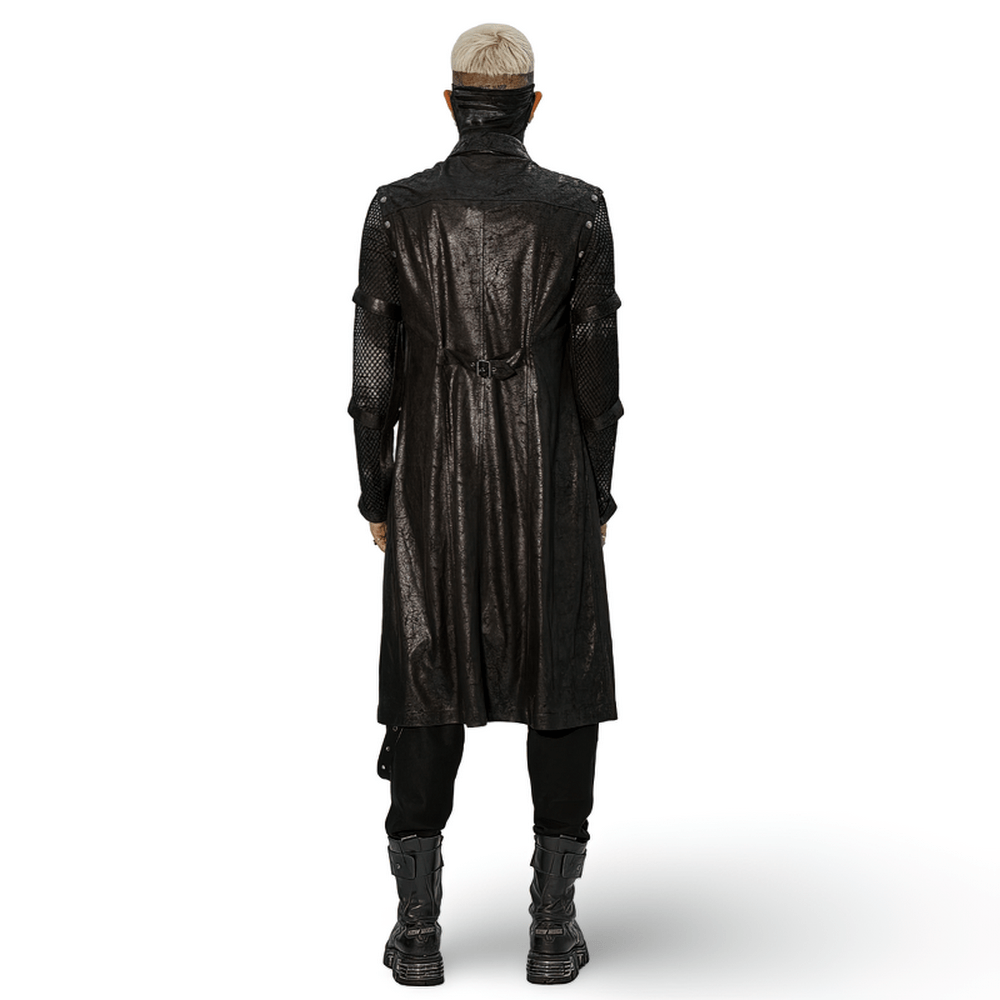 Back view of a rubberized punk longline hollow-out armored coat with unique detailing and a modern silhouette.