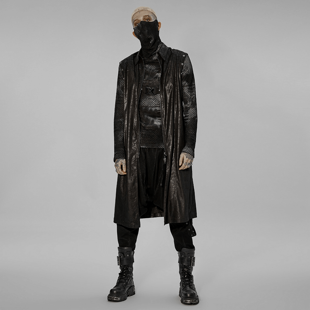 Urban punk fashion with black rubberized long coat, mesh detailing, and combat boots for a bold statement.