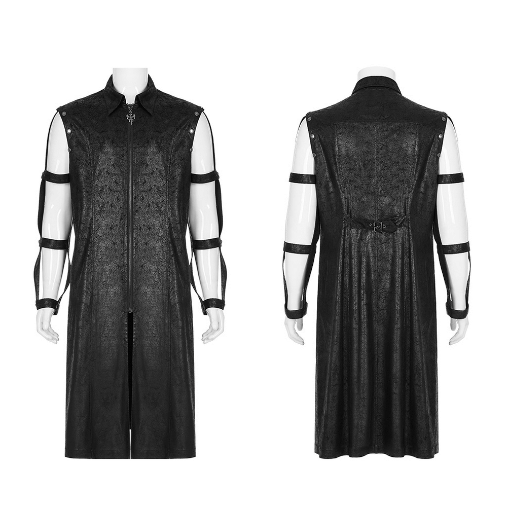 Black rubberized punk longline coat with hollow-out cuffs and armored design, front and back view.