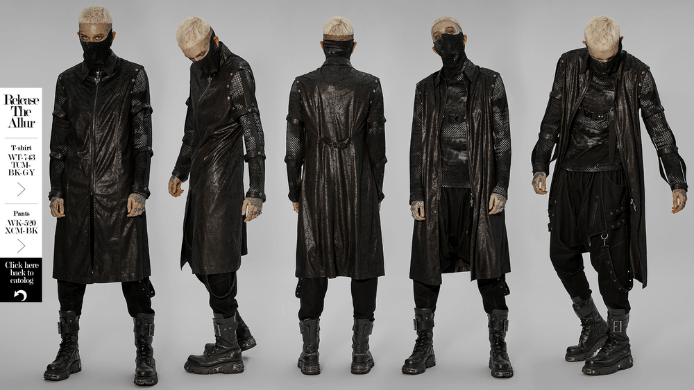 Rubberized Punk Longline Hollow-Out Armored Coat showcasing a unique avant-garde style with removable cuffs.