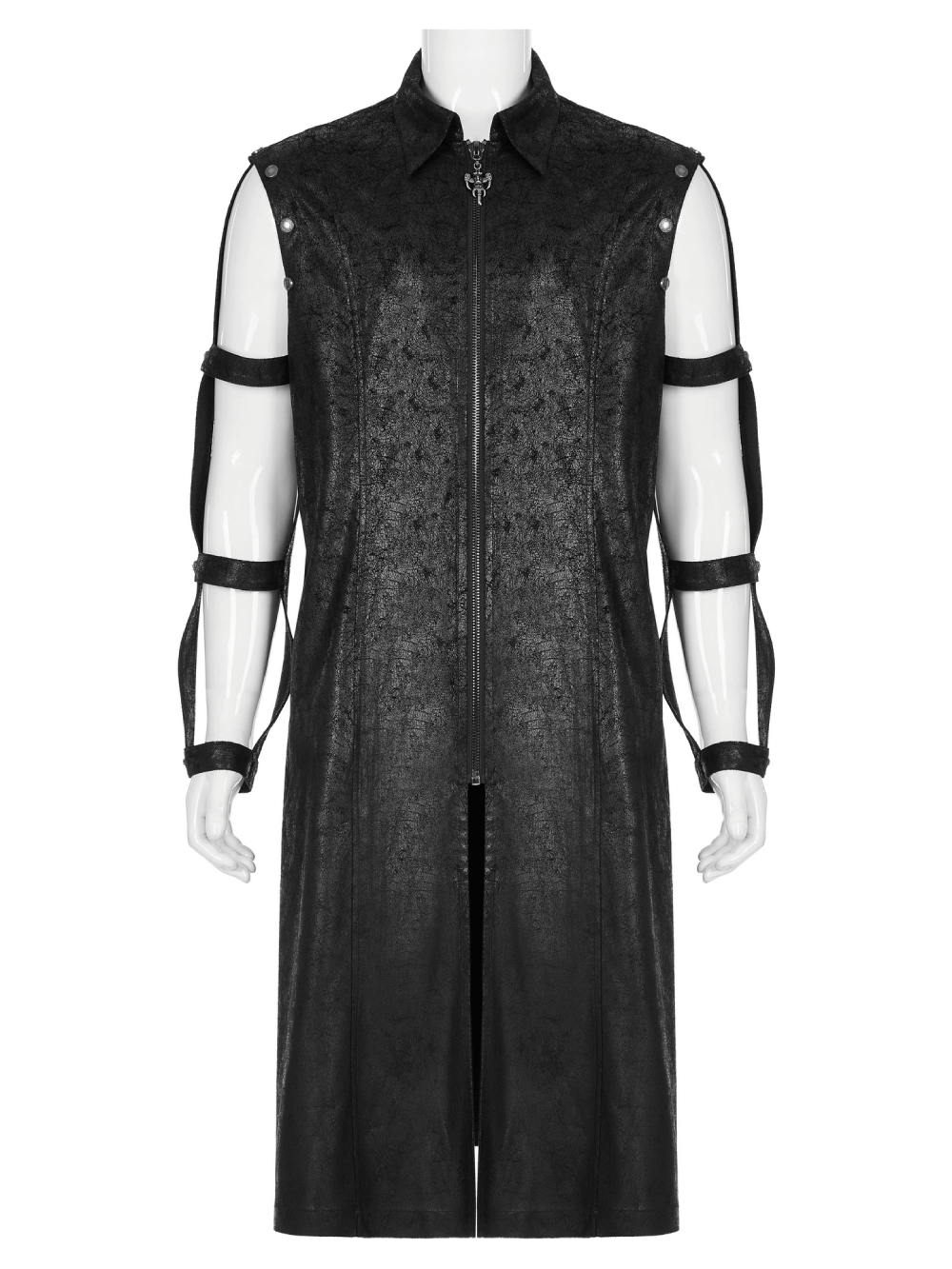 Rubberized punk longline coat with hollow-out cuffs and armored design, perfect for an urban edgy look.