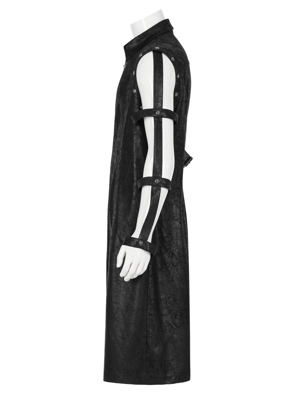 Side view of a rubberized punk longline coat with hollow-out cuffs, showcasing a unique armored style.