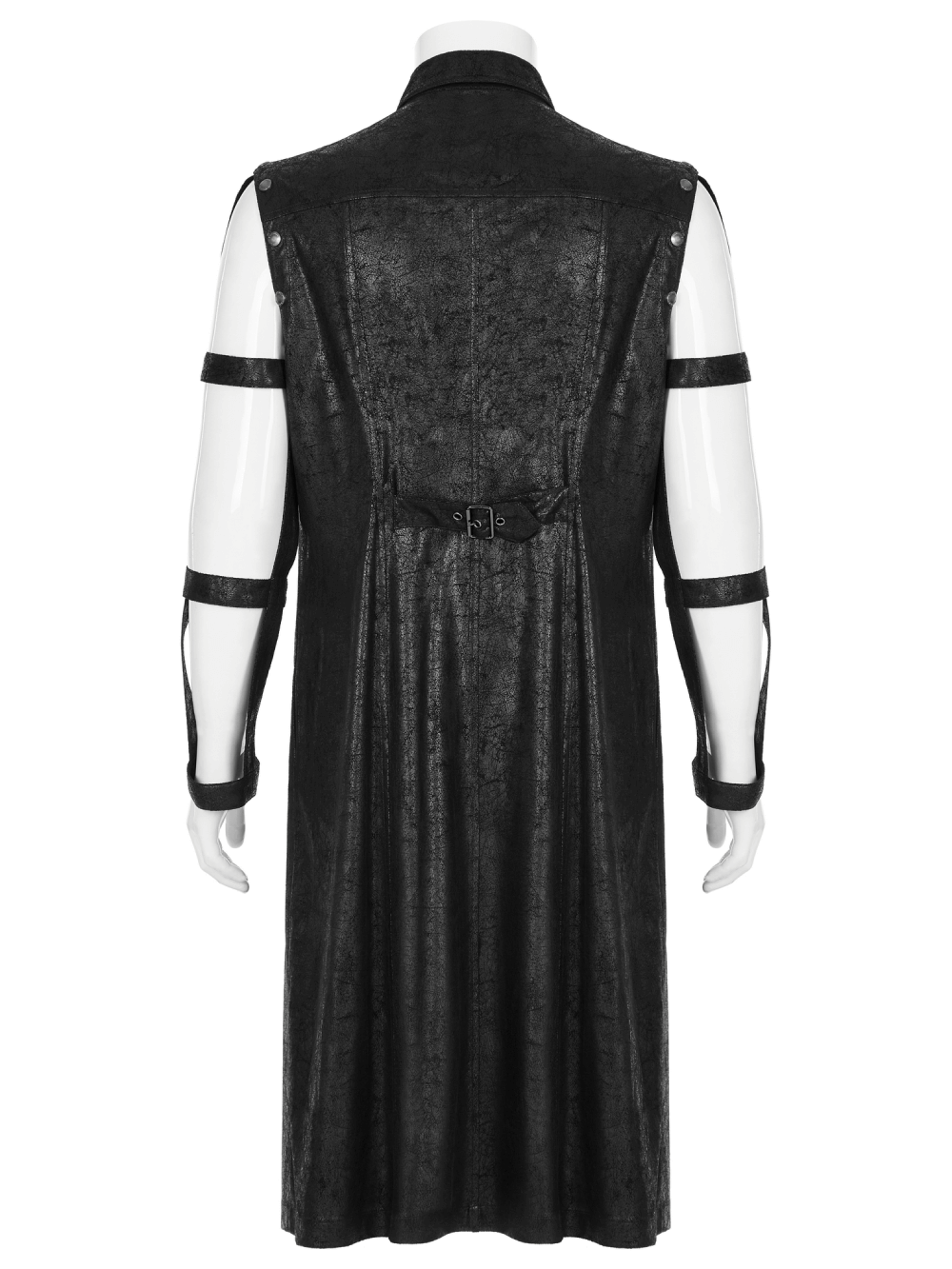 Back view of a rubberized punk longline hollow-out armored coat with removable cuffs.