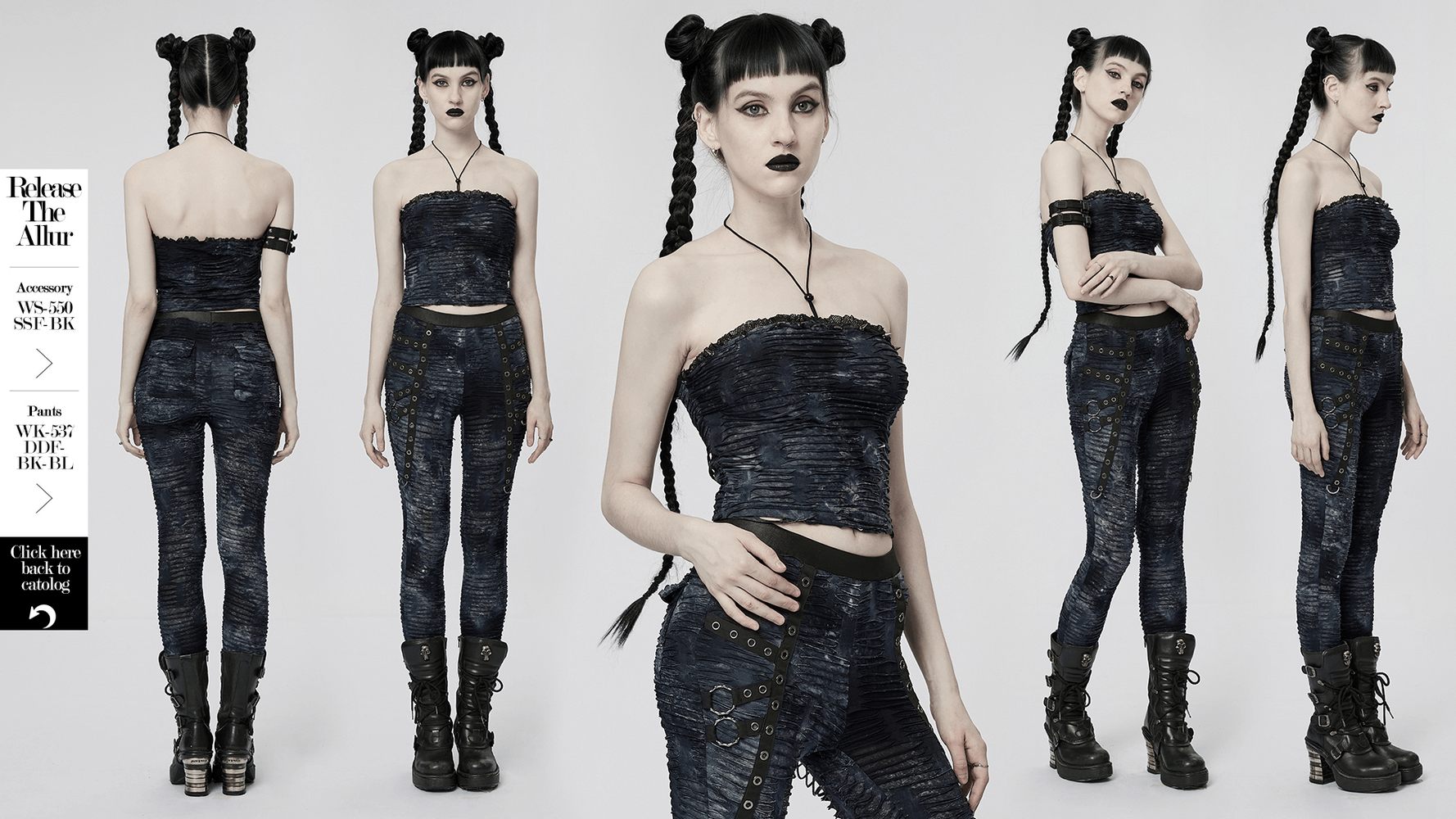 Model showcasing a ruched gothic bustier with lace and rivet details, paired with fitted pants and edgy boots.