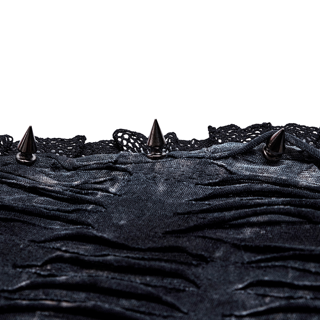 Close-up of ruched gothic bustier with lace trim and metal rivets, showcasing edgy punk fashion details.