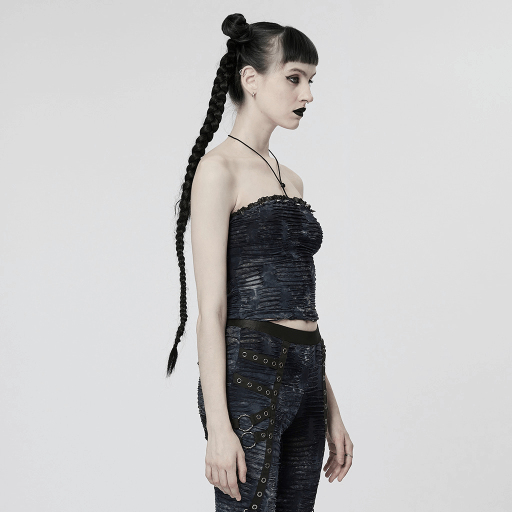 Stylish model wearing a ruched gothic bustier camis with lace and rivet details, showcasing a punk chic look.