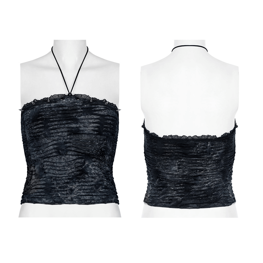 Ruched black gothic bustier camisole with lace trim and halterneck design, showcasing a daring punk style.