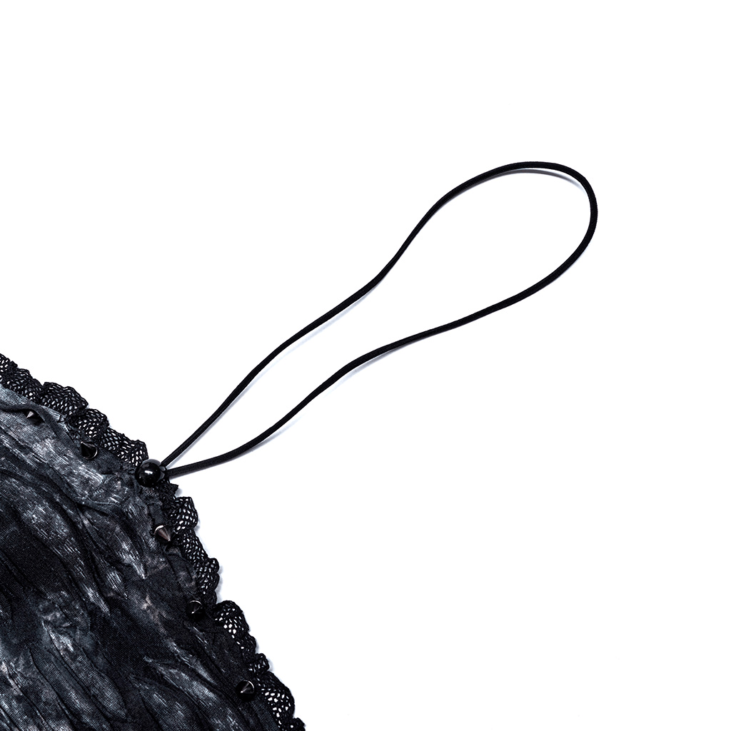 Detail of the halterneck strap on a ruched gothic bustier with lace and rivet accents.