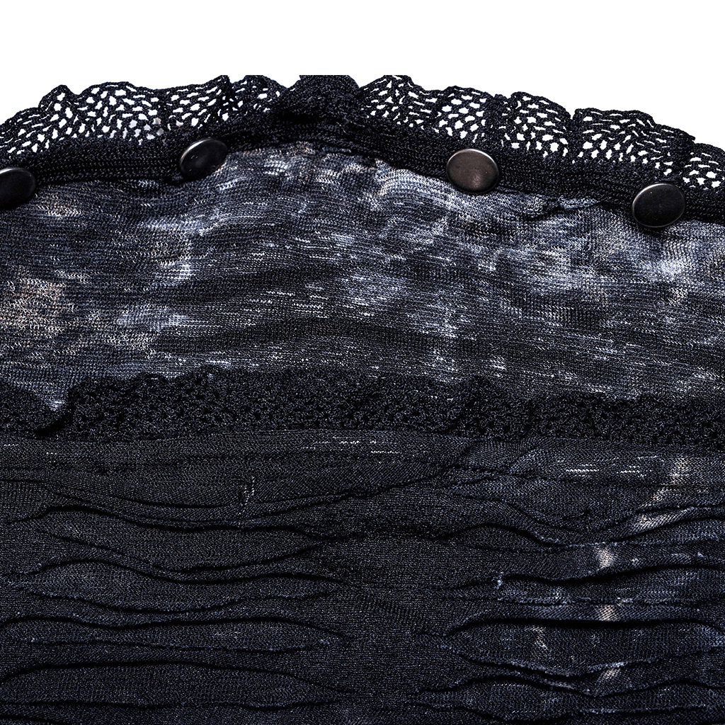 Close-up of ruched black gothic bustier showing lace edges and rivet details for a punk flair.