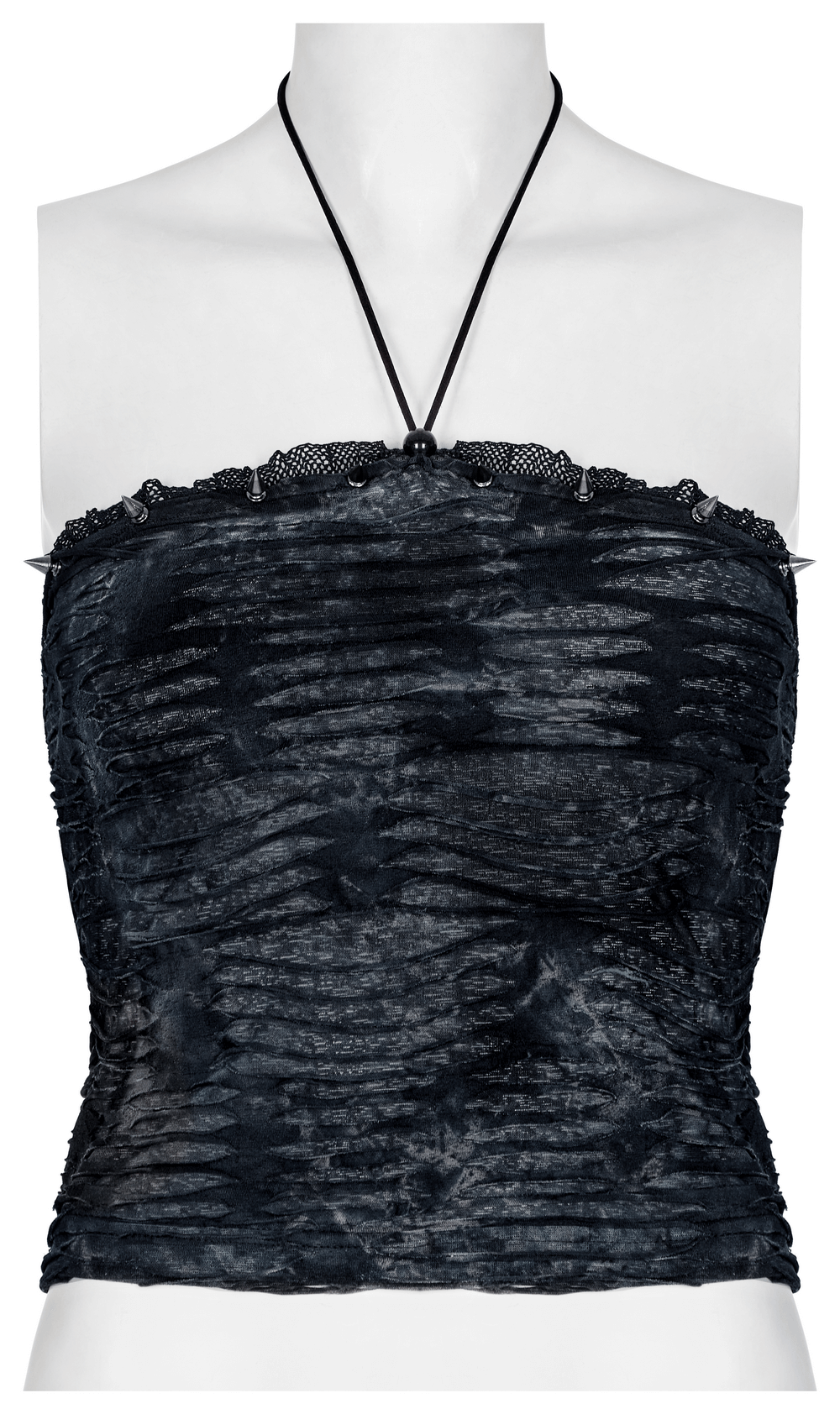 Ruched gothic bustier camis with lace and rivet details, perfect for a daring punk aesthetic.