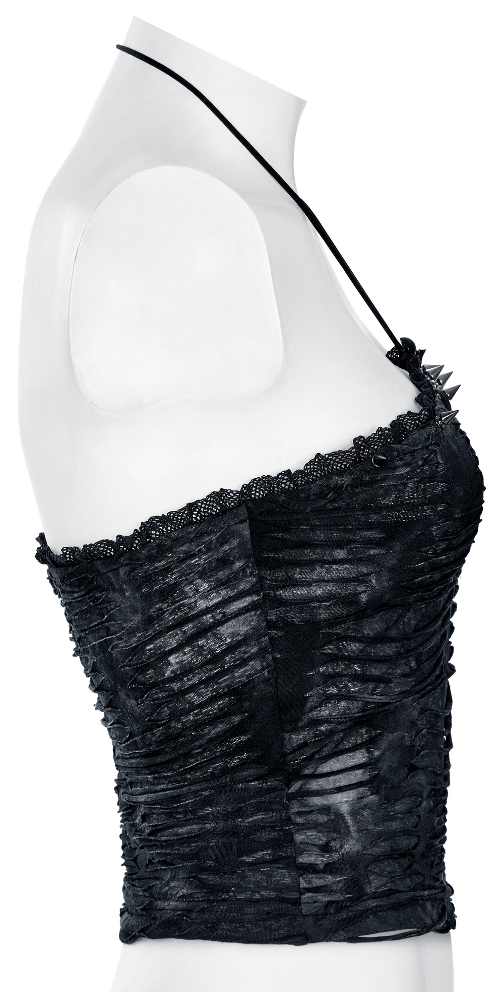 Side view of a ruched gothic bustier camis with lace and rivet details, showcasing a daring punk aesthetic.