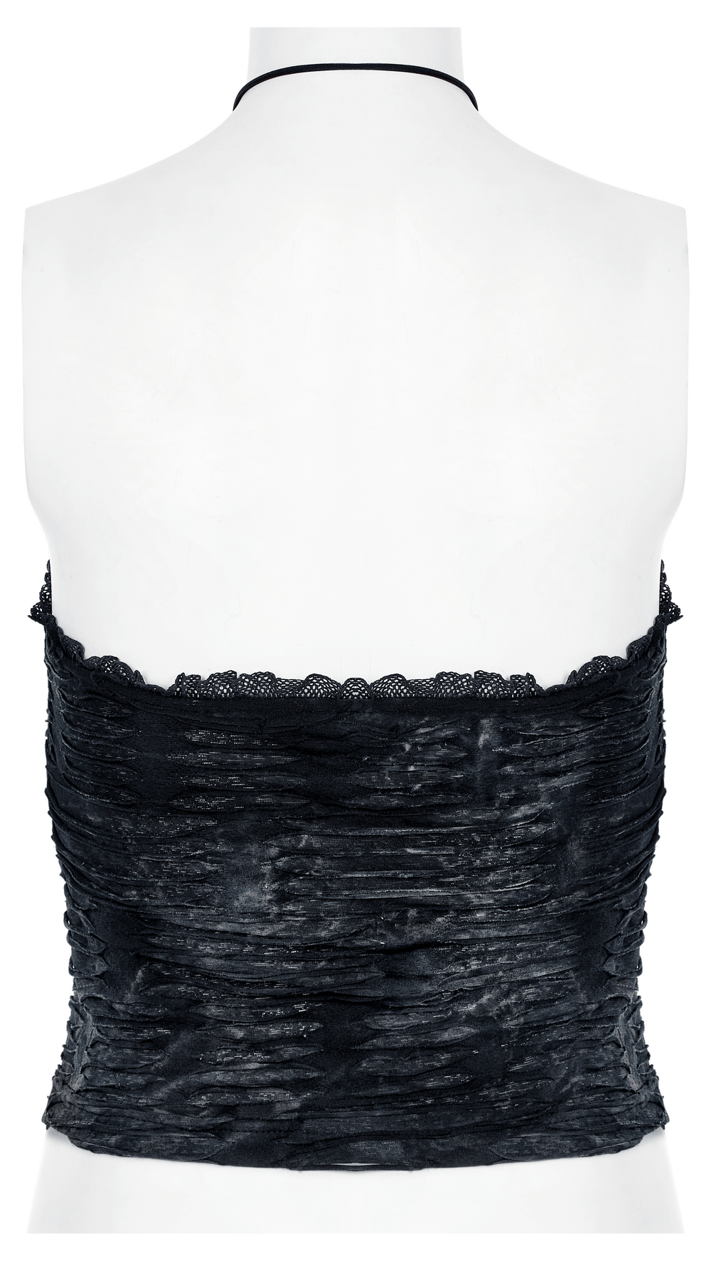 Back view of a ruched gothic bustier camis with lace details and halterneck, perfect for bold, punk-inspired fashion.