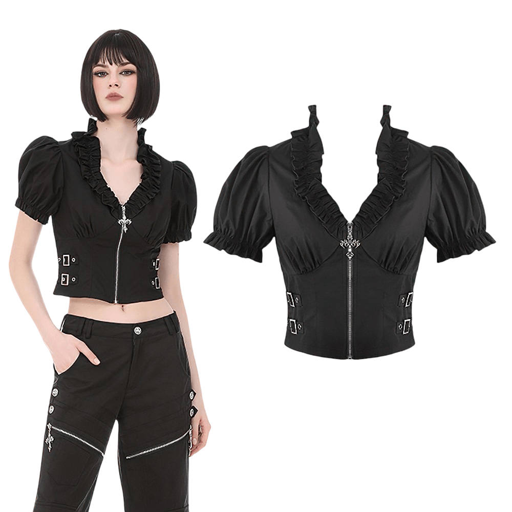 Ruffle Zip Crop Top with Buckle Straps for Women