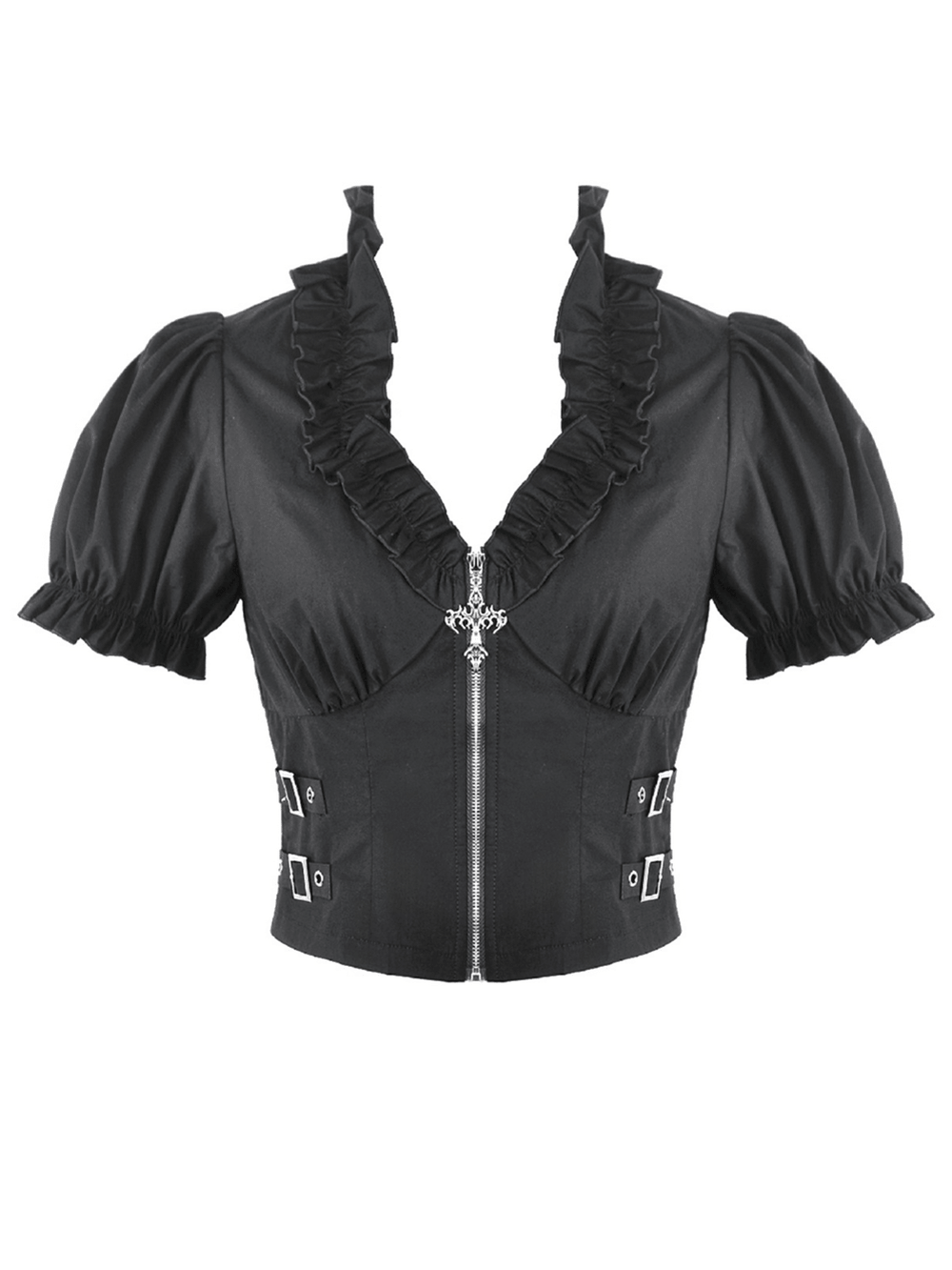 Ruffle Zip Crop Top with Buckle Straps for Women