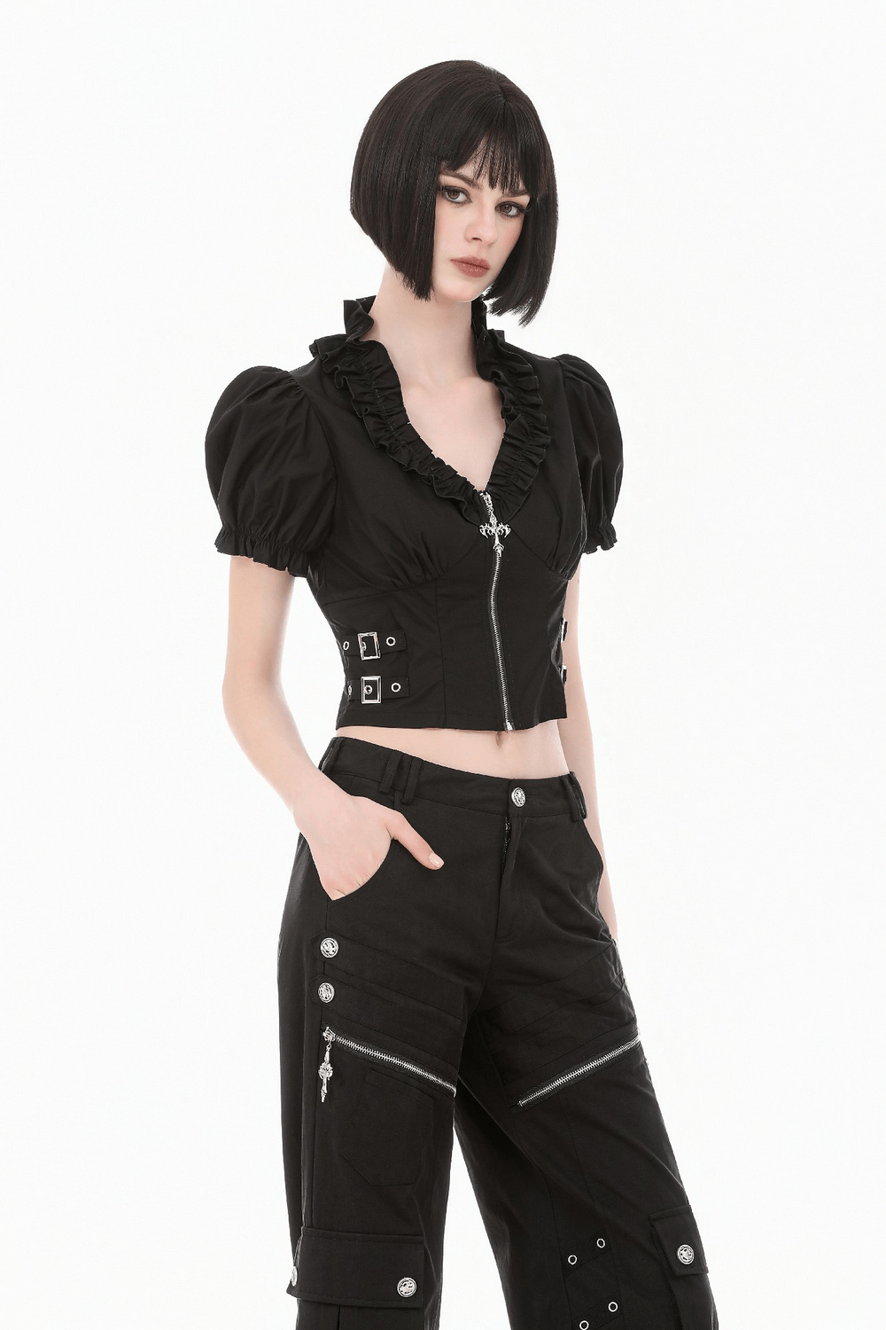 Ruffle Zip Crop Top with Buckle Straps for Women