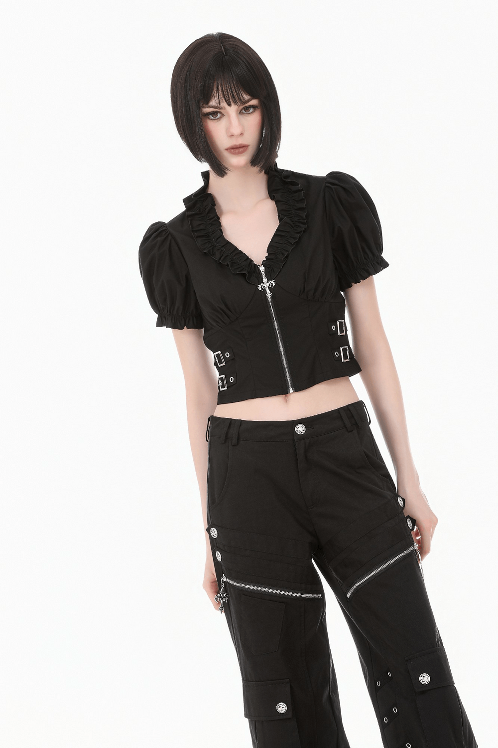 Ruffle Zip Crop Top with Buckle Straps for Women