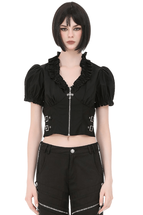 Ruffle Zip Crop Top with Buckle Straps for Women
