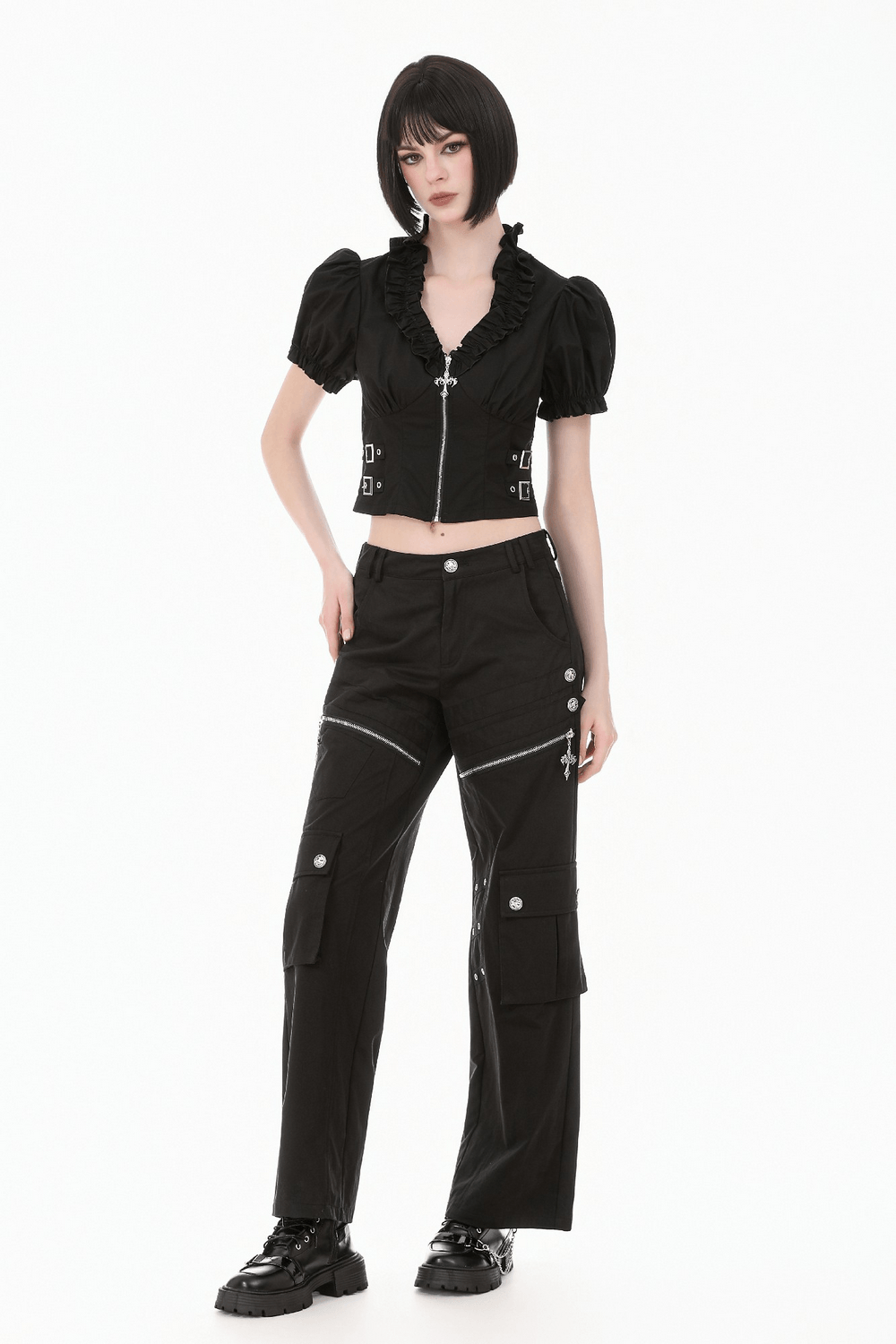 Ruffle Zip Crop Top with Buckle Straps for Women