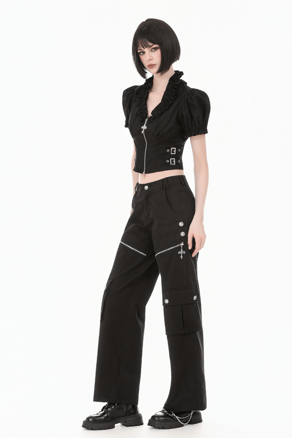 Ruffle Zip Crop Top with Buckle Straps for Women