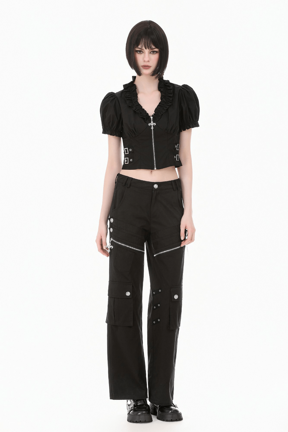 Ruffle Zip Crop Top with Buckle Straps for Women