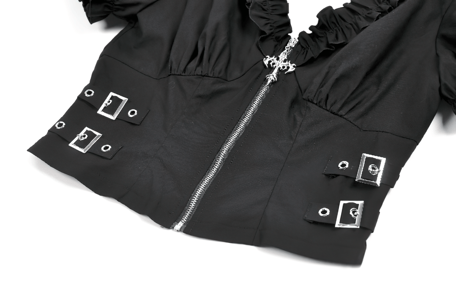 Ruffle Zip Crop Top with Buckle Straps for Women