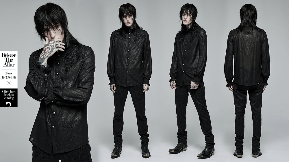 Stylish model showcasing Ruffled Gothic Shirt with Printed Sleeves and Applique detail from multiple angles.