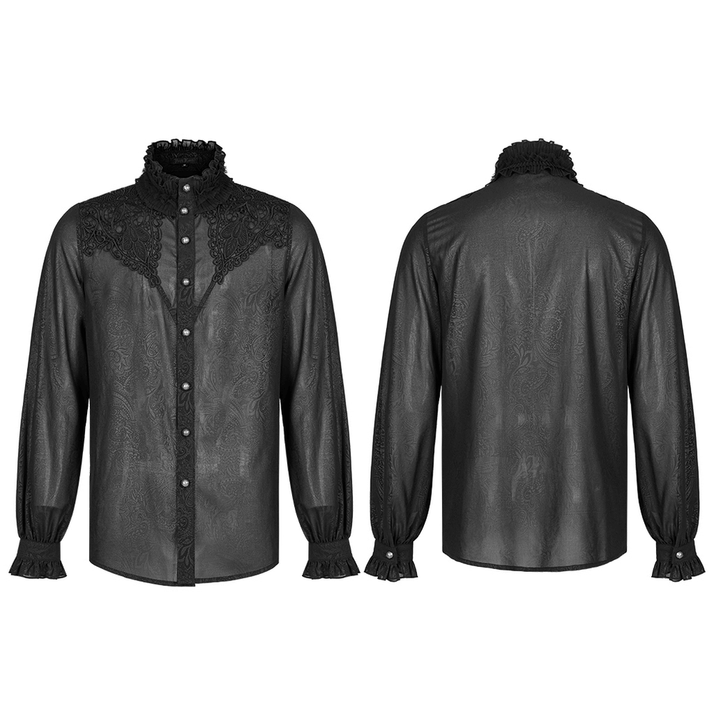 Ruffled Gothic Shirt with Printed Sleeves and Applique Detail, elegant black long sleeve top with ruffle neckline.