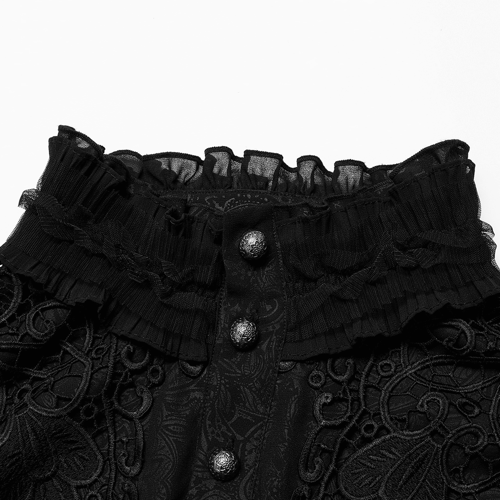 Ruffled Gothic shirt neckline with intricate embroidery and decorative buttons for a chic look.