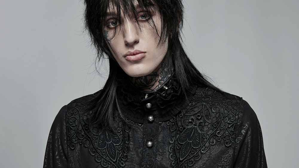 Gothic shirt with ruffled neckline and intricate lace appliques, perfect for a chic gothic style.