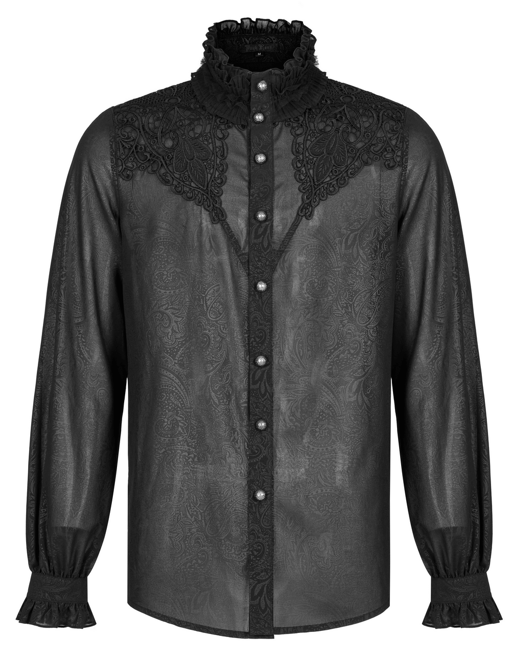 Chic Gothic shirt with ruffle neckline, printed sleeves, and applique details, perfect for elevating gothic fashion.