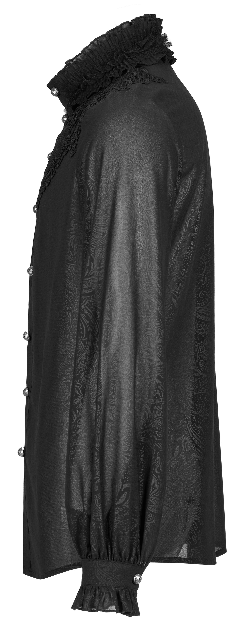 Side view of a chic gothic shirt with ruffled neckline and elegant appliques on soft chiffon fabric.