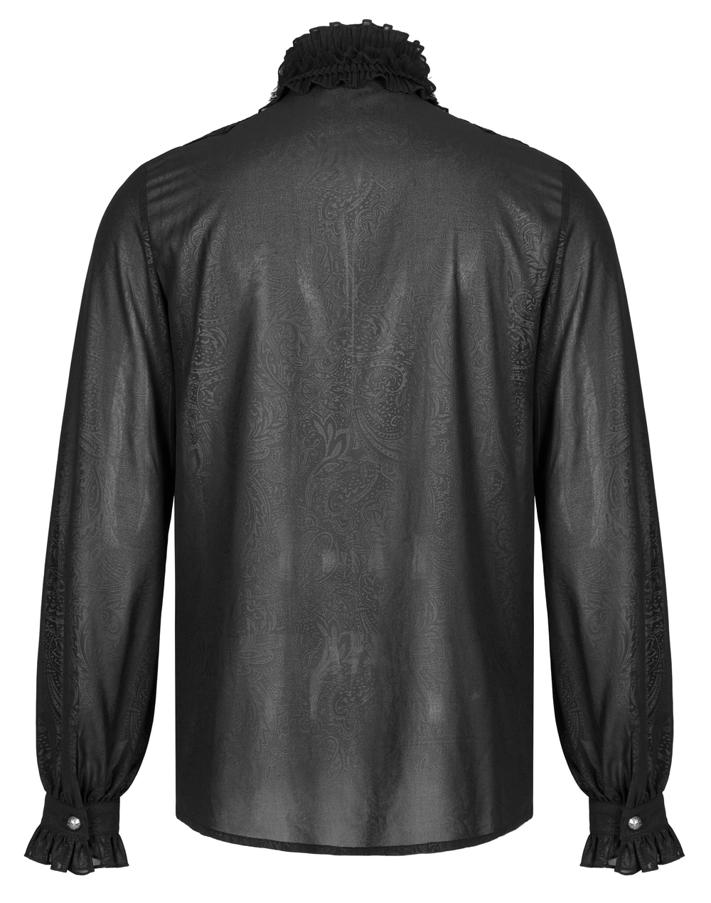 Back view of a ruffled gothic shirt with printed sleeves and applique detail, featuring elegant ruffles and soft chiffon fabric.