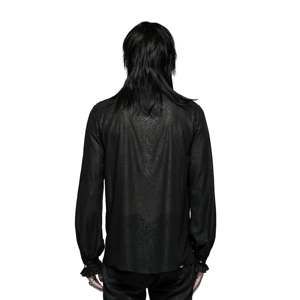 Back view of a chic Gothic long sleeve shirt featuring ruffled cuffs and elegant black fabric.